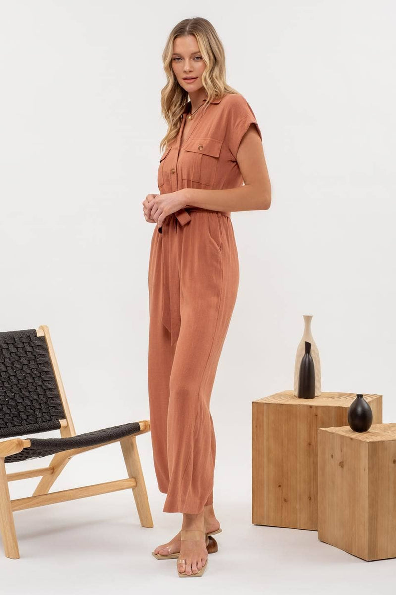 Button Down Belted Wide Leg Jumpsuit