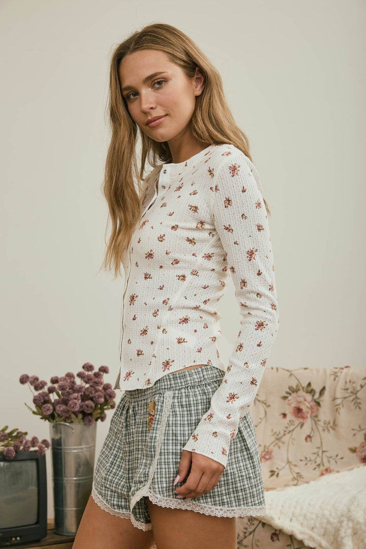 Blu Pepper - Floral Snap Front Long Sleeve Waffle Knit Top in Ivory Multi 2