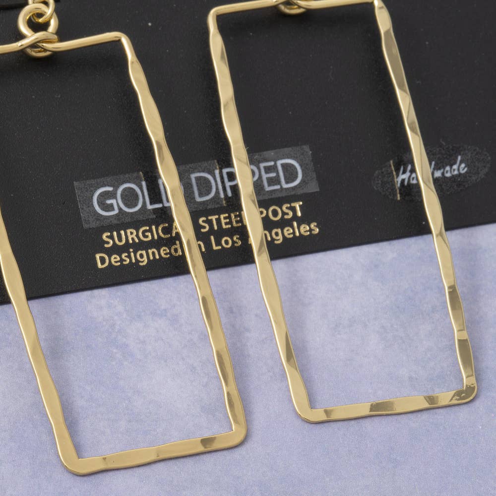 Gold Dipped Hammered Rectangle Cutout Drop Earrings