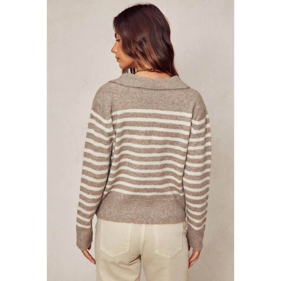 Soft And Fuzzy Striped Polo Sweater Toffee/Cream 2