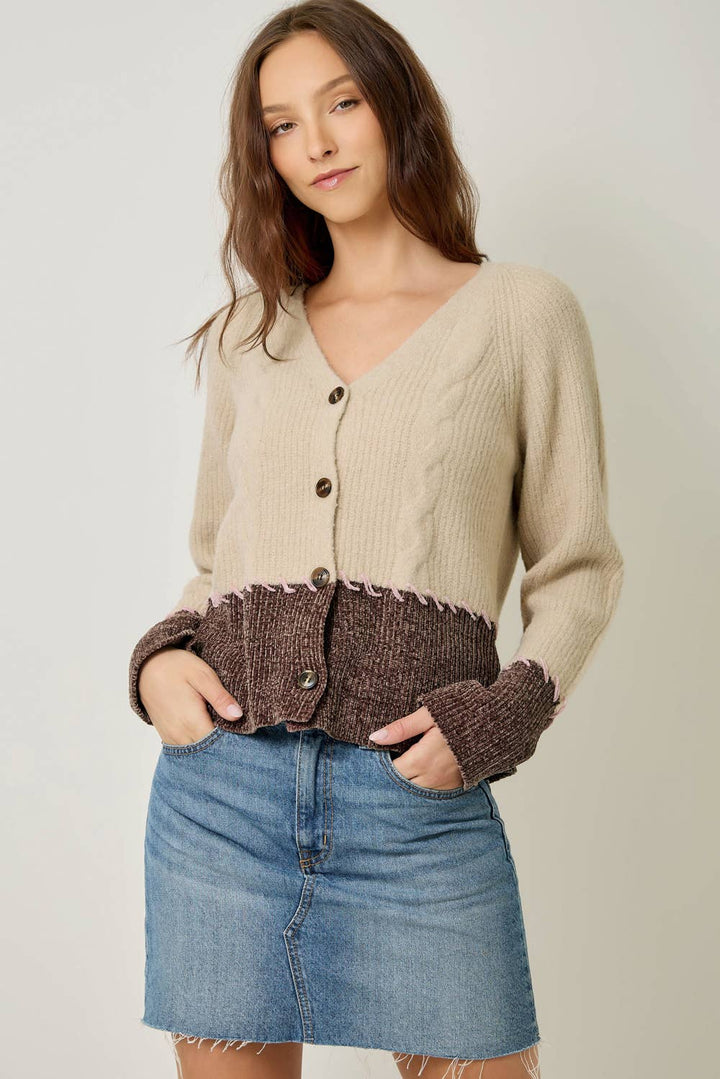 Mystree Whip-Stitch Cardigan - Oatmeal/Chocolate 1