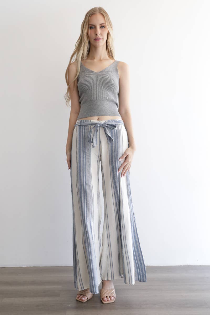 Angie Mixed Stripes Flare Leg Tie Waist Pants in Blue 1