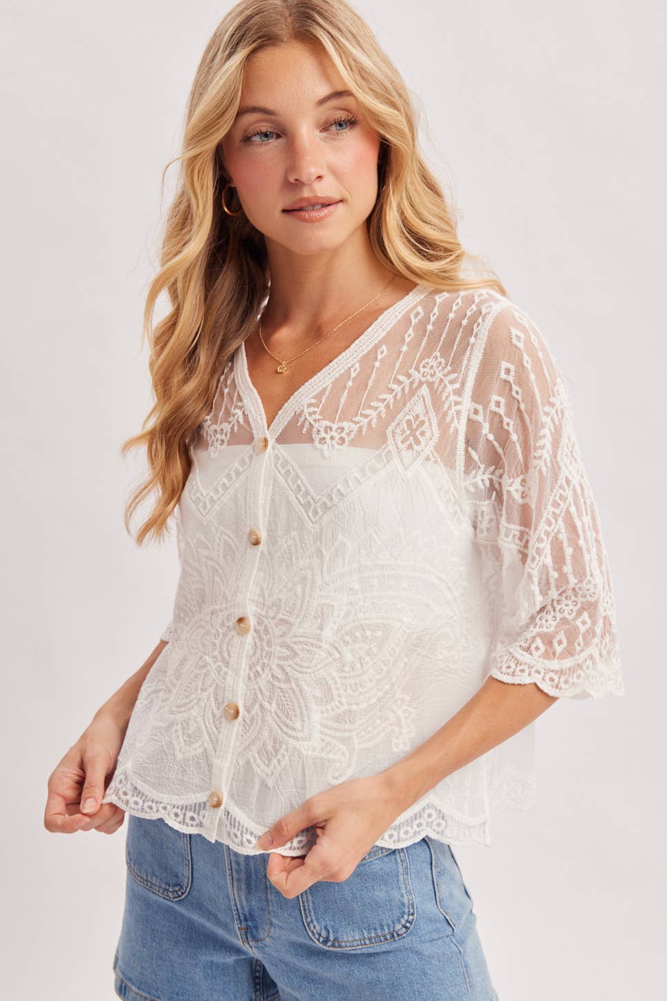 Bluivy ivory embroidered mesh button down blouse