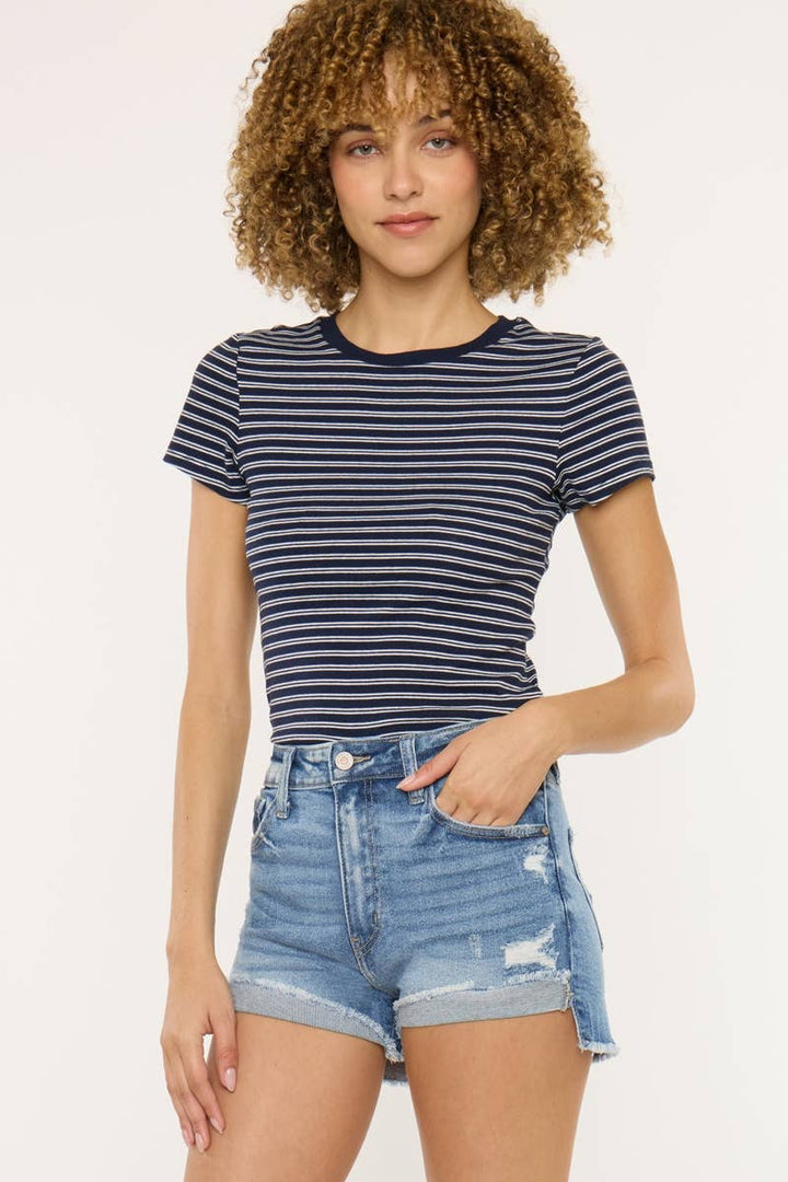 Kan Can USA High Rise Cuff Denim Shorts  in Medium Wash 1