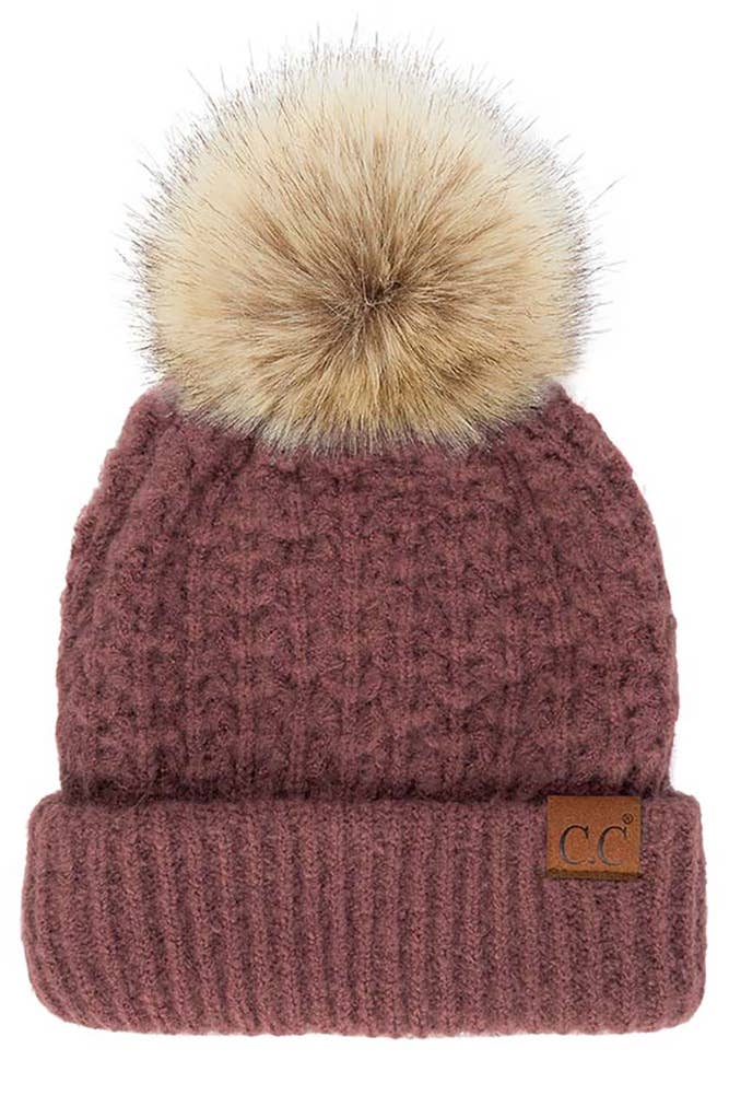 Hana - C.C. Smocking-Stitch Cuffed Pom Beanie coco berry
