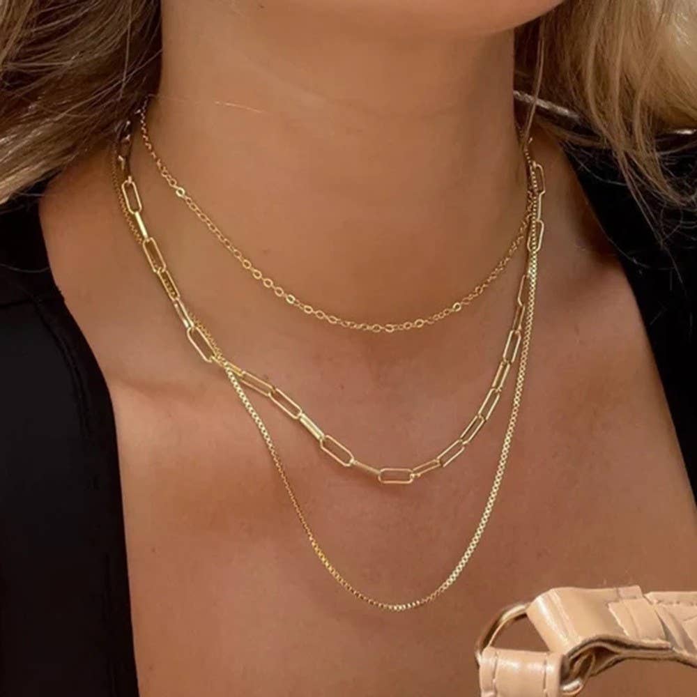 18K Gold Triple Layered Link &amp; Box Chain Necklace – Tarnish-Free | JOSSLYN