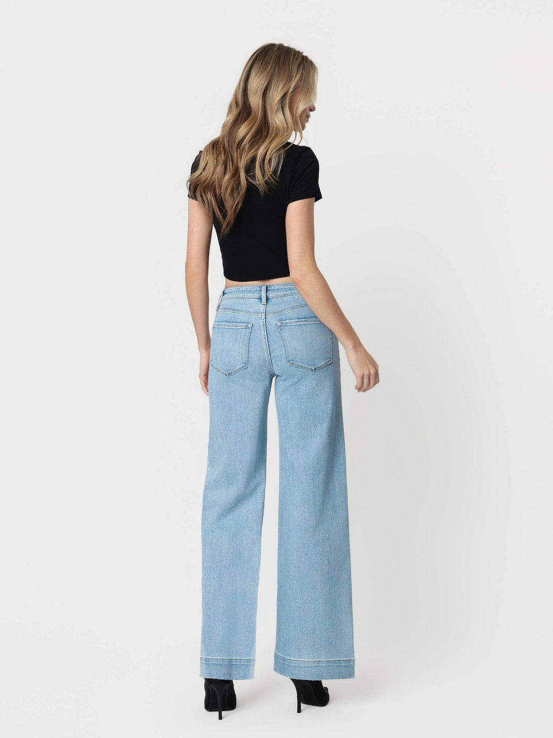 Flying Monkey High Rise Light Wash Trouser Hem Wide Jeans in Dignity 3