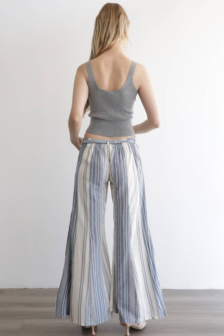 Angie Mixed Stripes Flare Leg Tie Waist Pants in Blue back