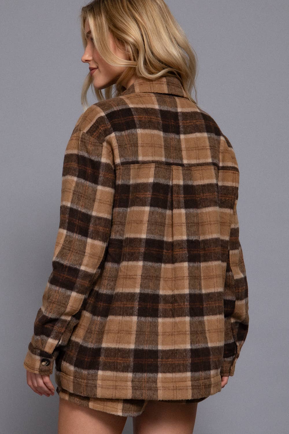 Inside Faux Fur Brushed Plaid Jacket Khaki/Brown 1