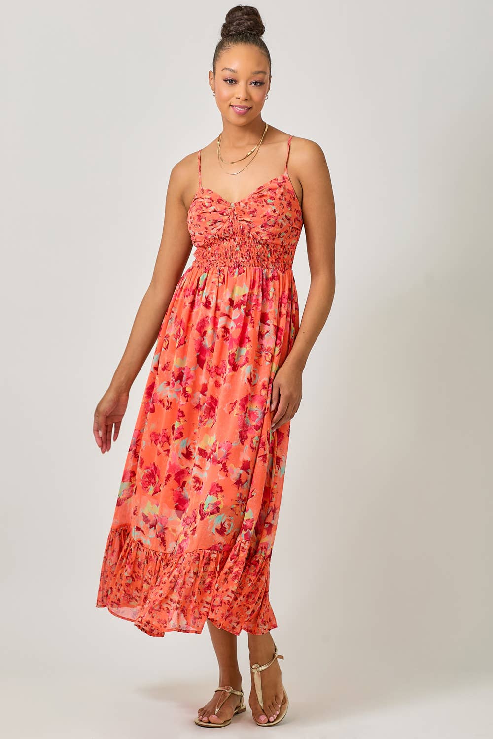 Mystree - Twist Adorn Neckline Printed Maxi Dress in Tomato