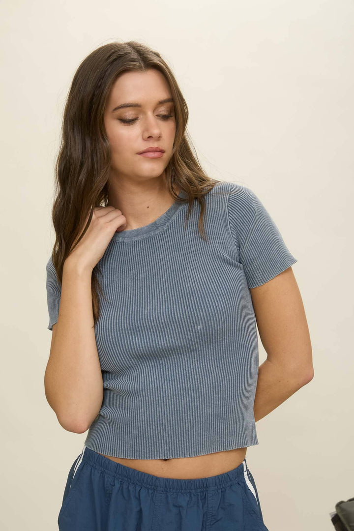 Blu Pepper Washed Ribbed Short Sleeve Cropped Knit Tee in Slate Blue 1