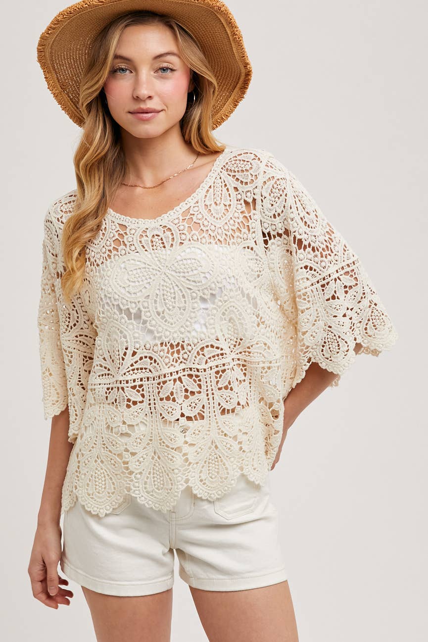 Bluivy ivory crochet lace top with bell sleeves
