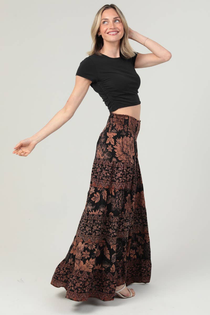 Angie Smocked Waistband Tiered A-Line Maxi Skirt in Black 1