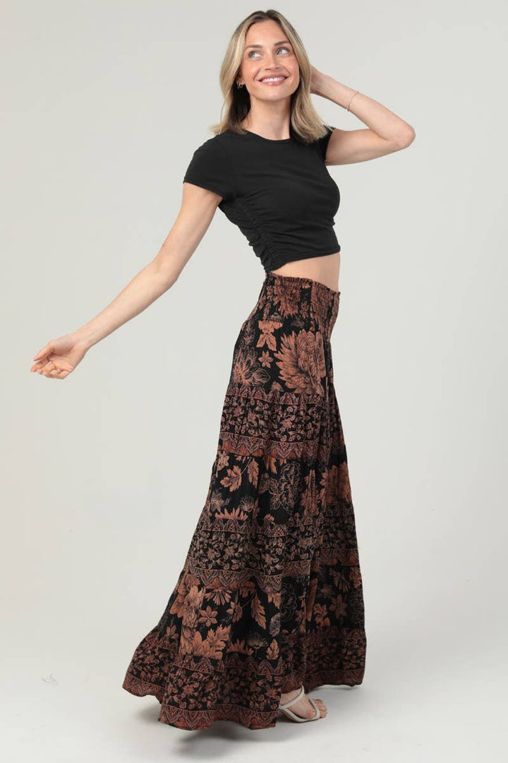 Angie Smocked Waistband Tiered A-Line Maxi Skirt in Black 1