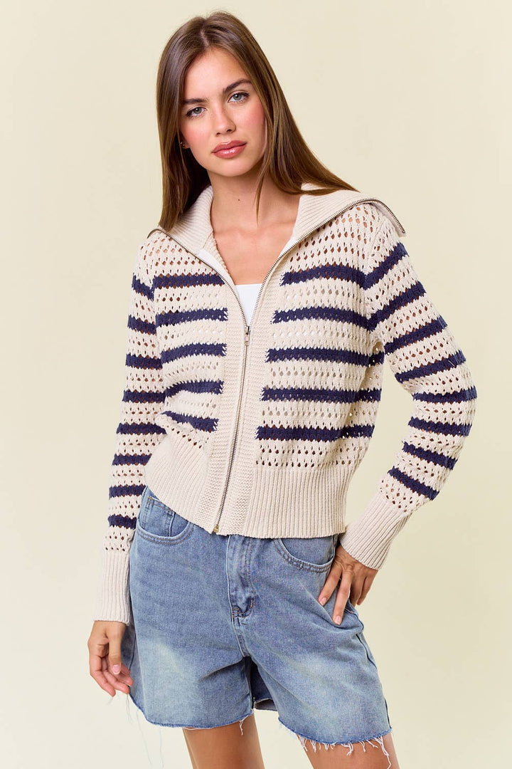 Zip-Up Striped Pointelle Open Knit Sweater Jacket2