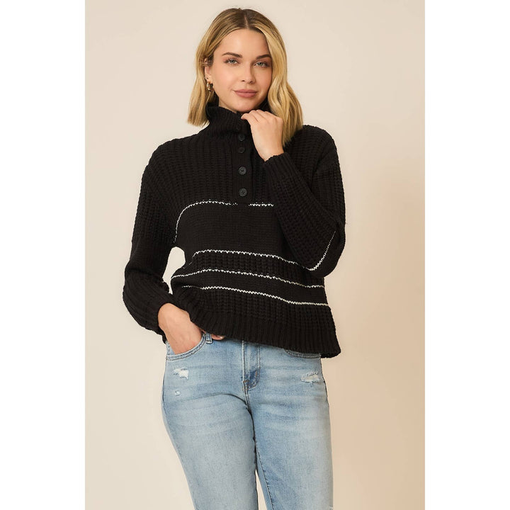 Button Up Knit Sweater with Contrast Stripes in Black 5