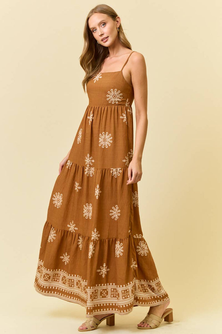 Doe and Rae - Border Print Maxi Dress with Front Tie in Mustard 3