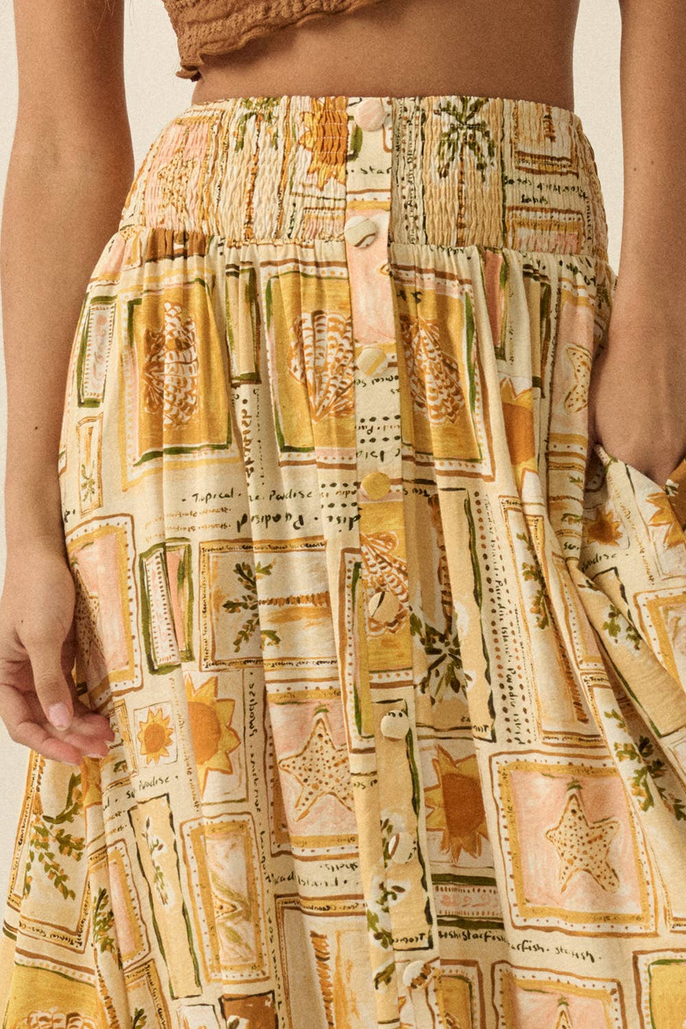 Promesa USA - Tropical-Print Smocked Maxi Skirt in Butter 1