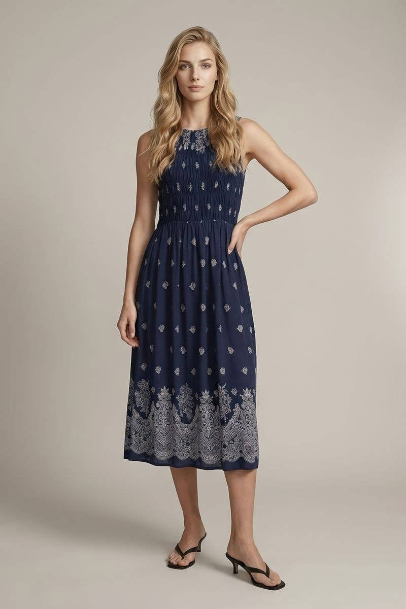 Doe and Rae Linen Blend Smocking Midi Dress in Navy front