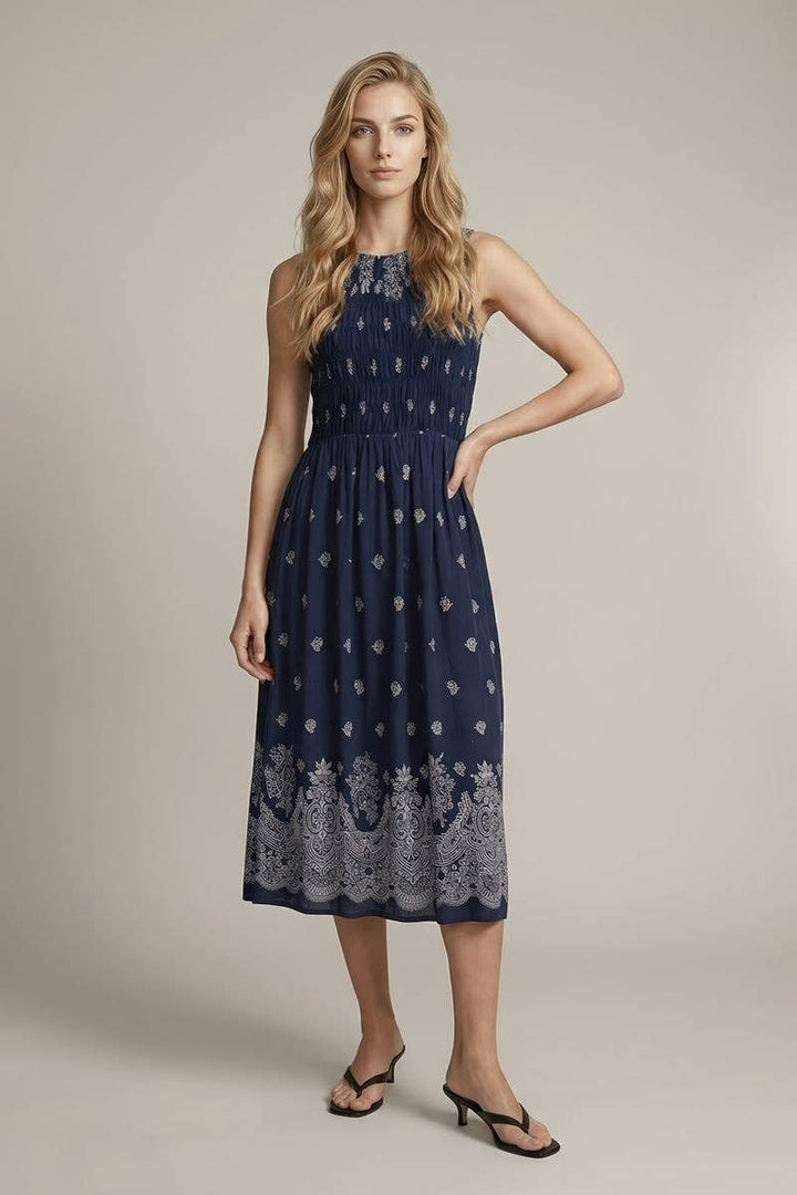 Doe and Rae Linen Blend Smocking Midi Dress in Navy front