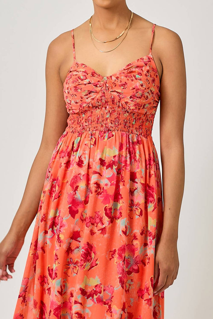 Mystree - Twist Adorn Neckline Printed Maxi Dress in Tomato zoomed
