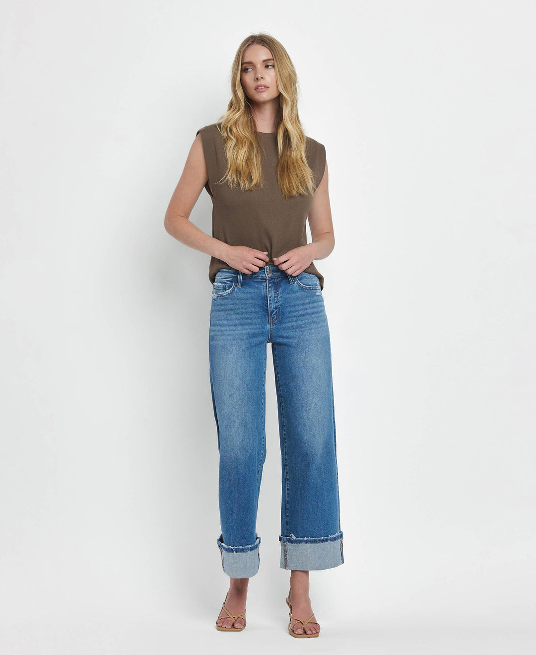 Flying Monkey High Rise Medium Wash Cuffed Wide Jeans in Moorland 6