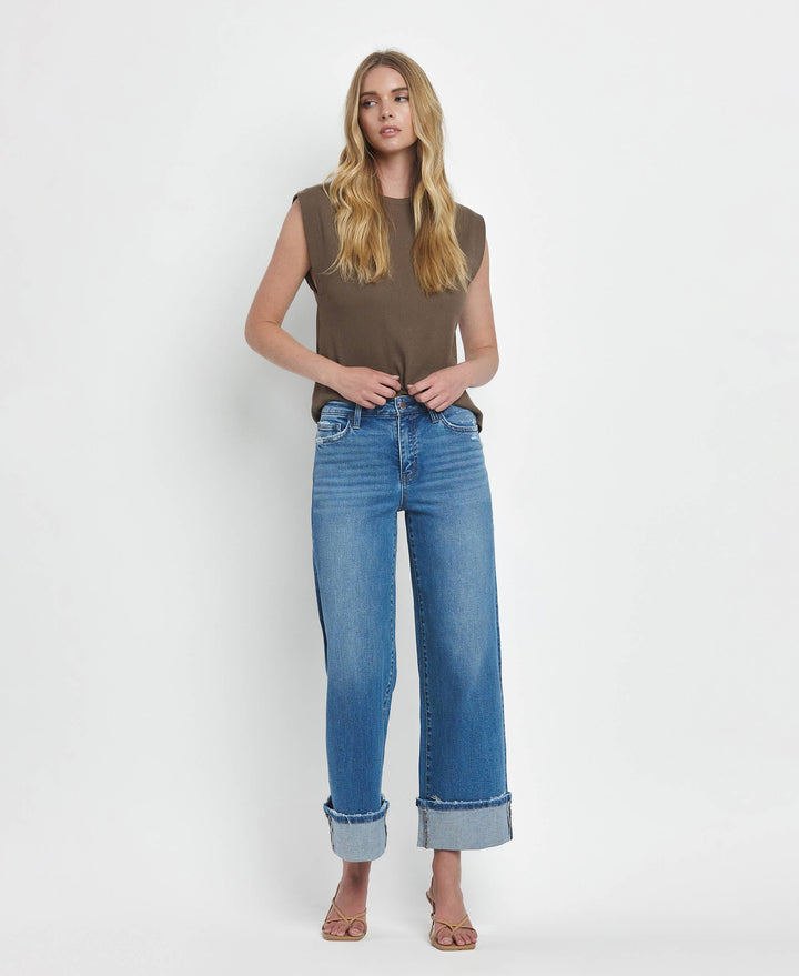 Flying Monkey High Rise Medium Wash Cuffed Wide Jeans in Moorland 6