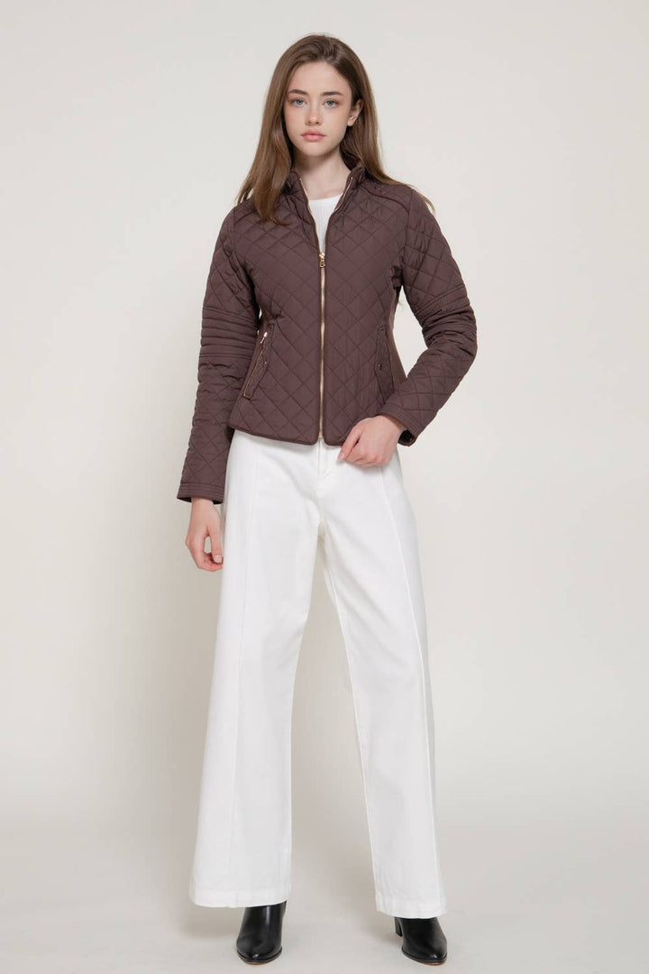 Active Basic - Suede Piping Detail Rib Quilted Padding Jacket in brn 3