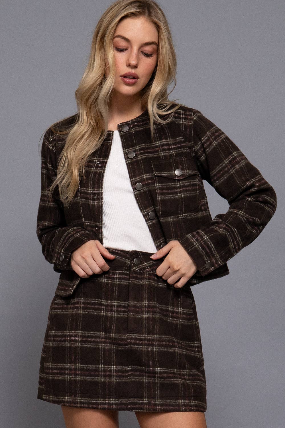 Round Neck Brushed Plaid Jacket Brown 5