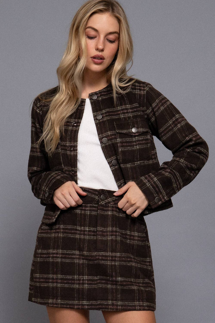 Round Neck Brushed Plaid Jacket Brown 5
