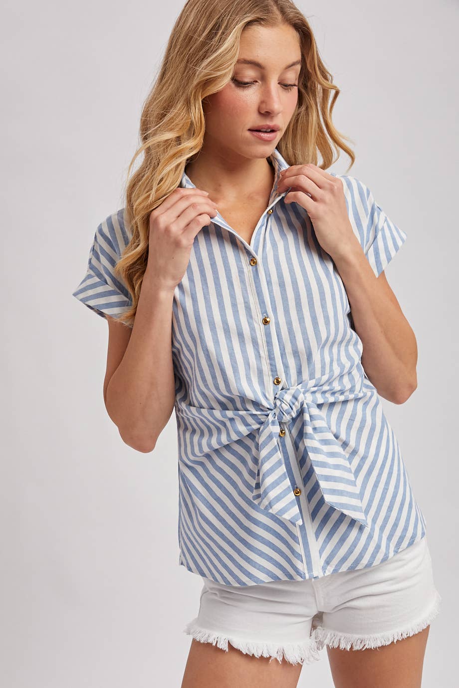 Bluivy Striped Knotted Button Down Shirt - Chambray