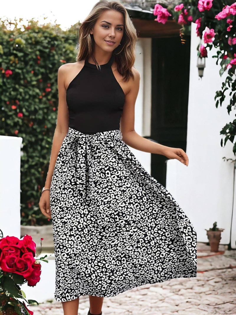 Leopard Halter Neck Flared Dress