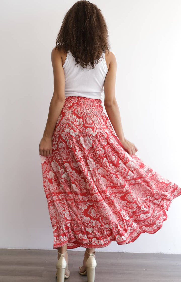 Angie Printed Tiered A-Line Maxi Skirt with Smocked Waist in Americana 4