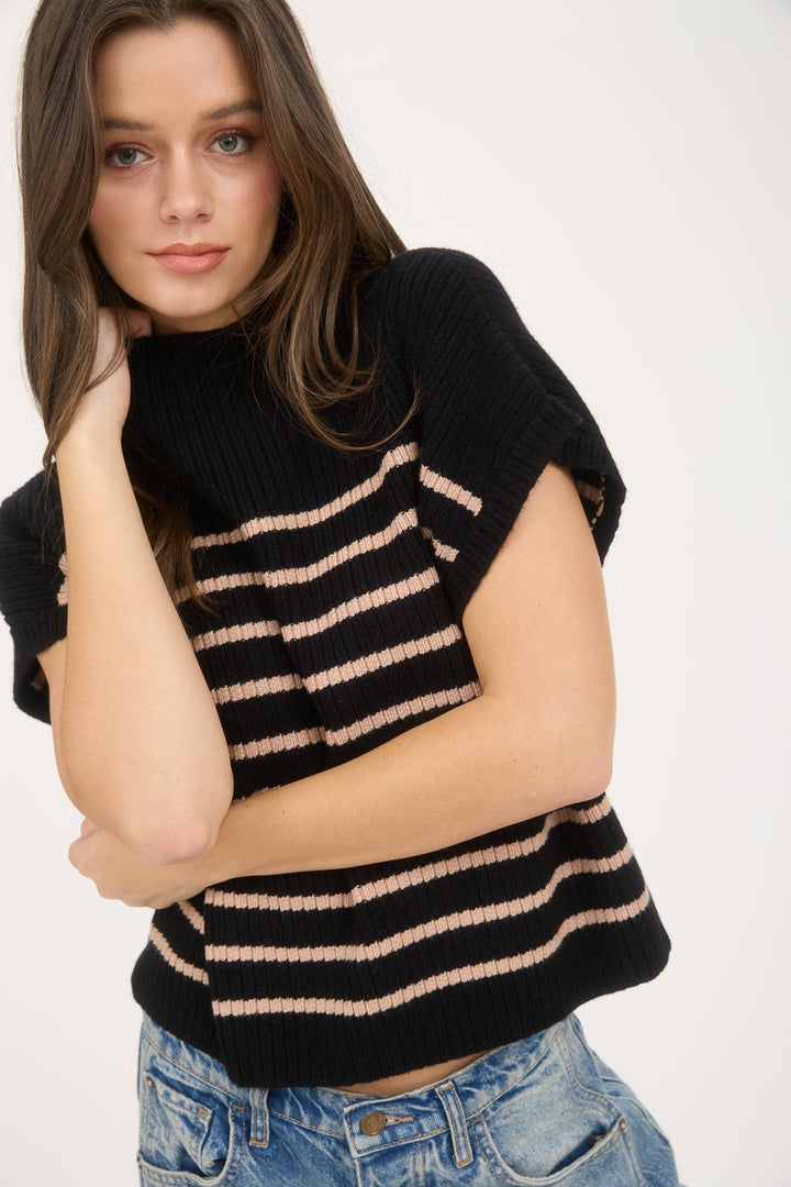 Stripe Mock Neck Short Sleeve Knit Sweater blk