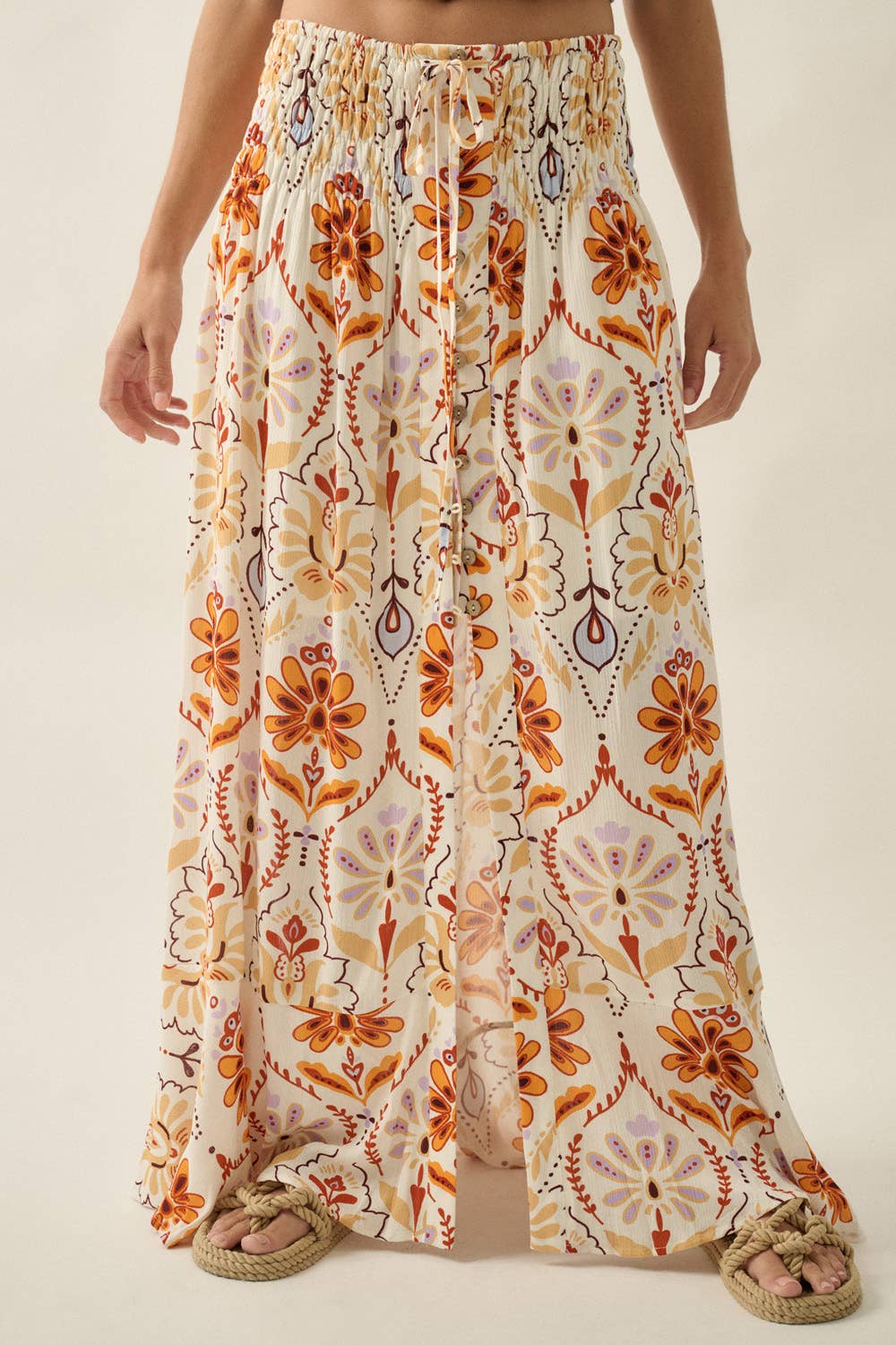 Promesa USA - Multicolor Ornate Floral-Print Button-Front Maxi Skirt in Cream-Sand 2