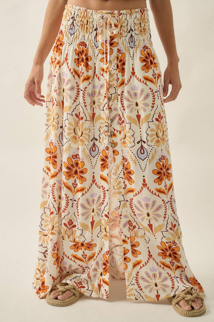 Promesa USA - Multicolor Ornate Floral-Print Button-Front Maxi Skirt in Cream-Sand 2