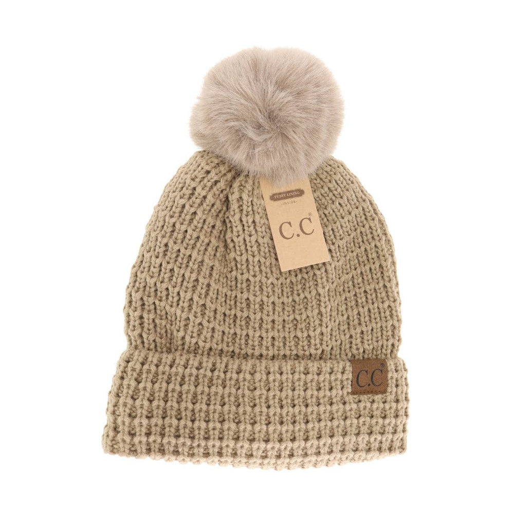 Waffle Knit Faux Fur Pom C.C Beanie Mocha