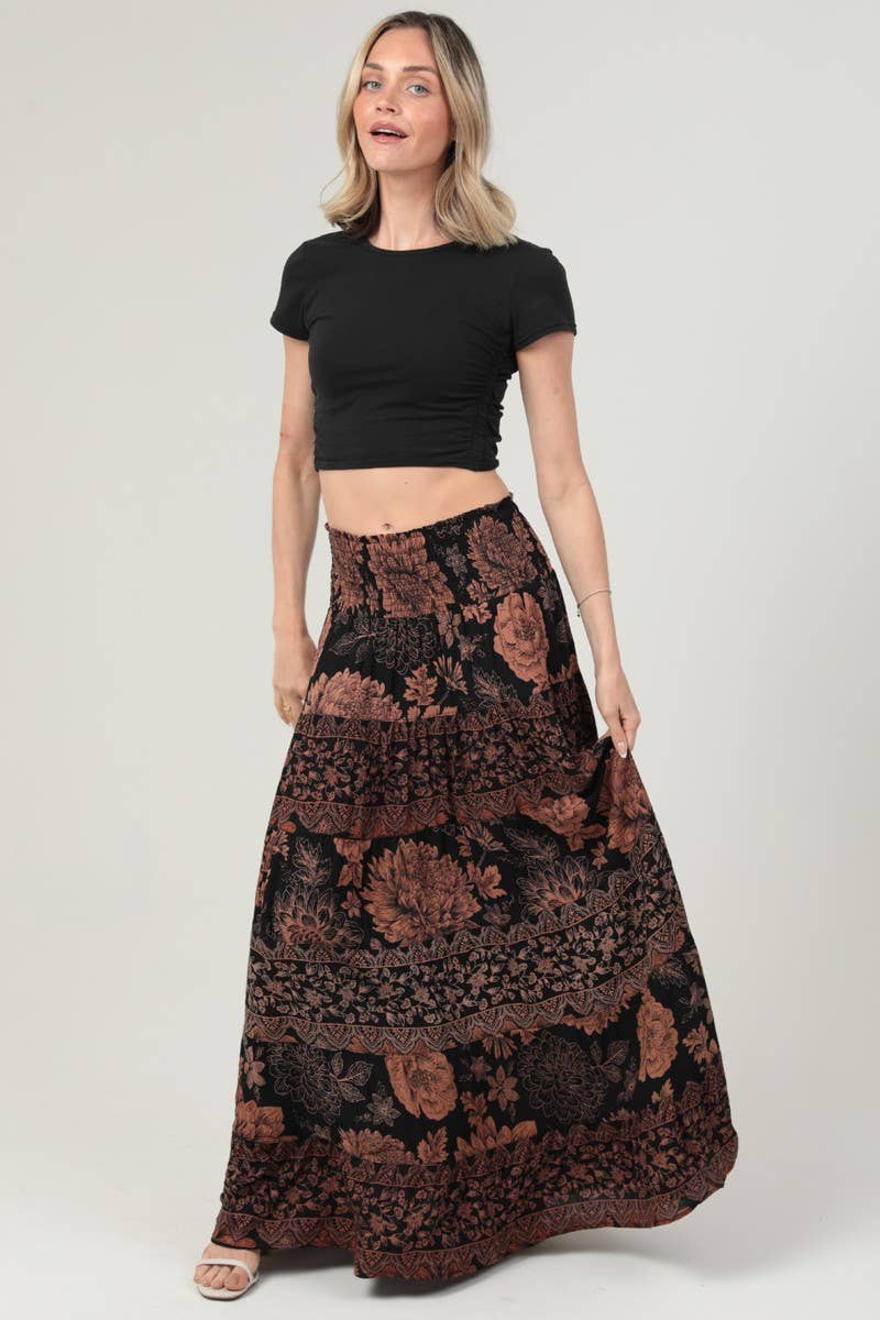 Angie Smocked Waistband Tiered A-Line Maxi Skirt in Black