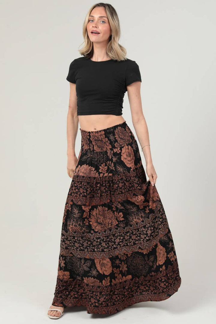 Angie Smocked Waistband Tiered A-Line Maxi Skirt in Black