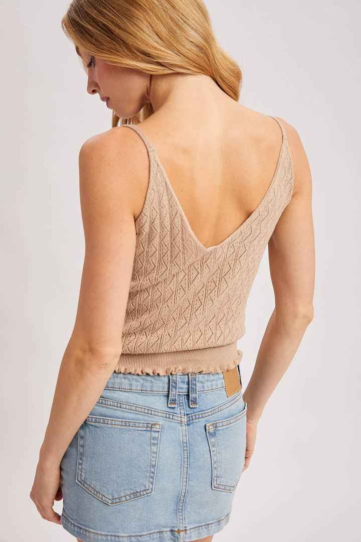 Bluivy Pointelle Knit Ruffled Hem Cami - Natural