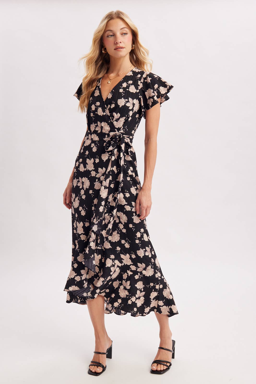 Bluivy Floral Ruffle Wrap Midi Dress in Black 4