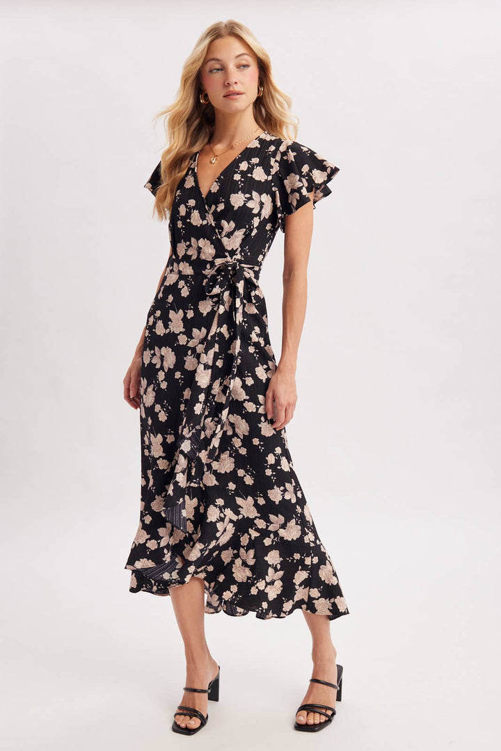 Bluivy Floral Ruffle Wrap Midi Dress in Black 4