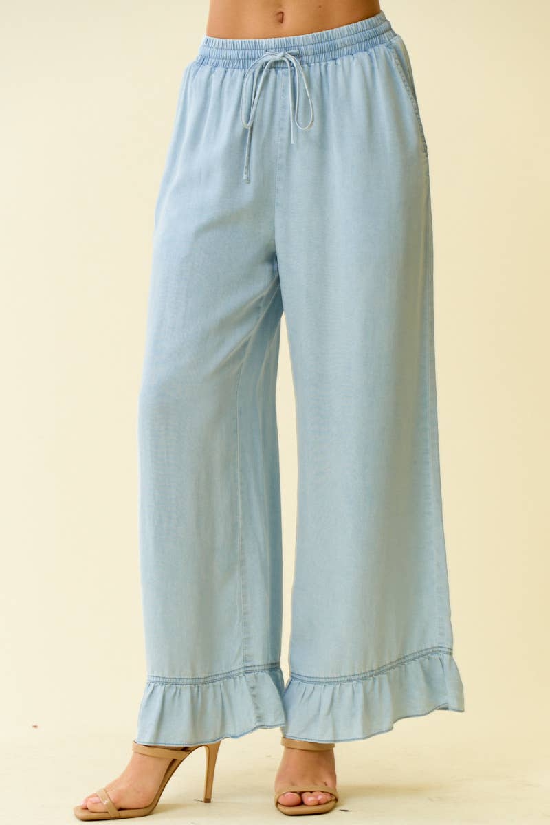 Doe and Rae Denim Ruffle Bottom Wide Leg Pants LT. Denim