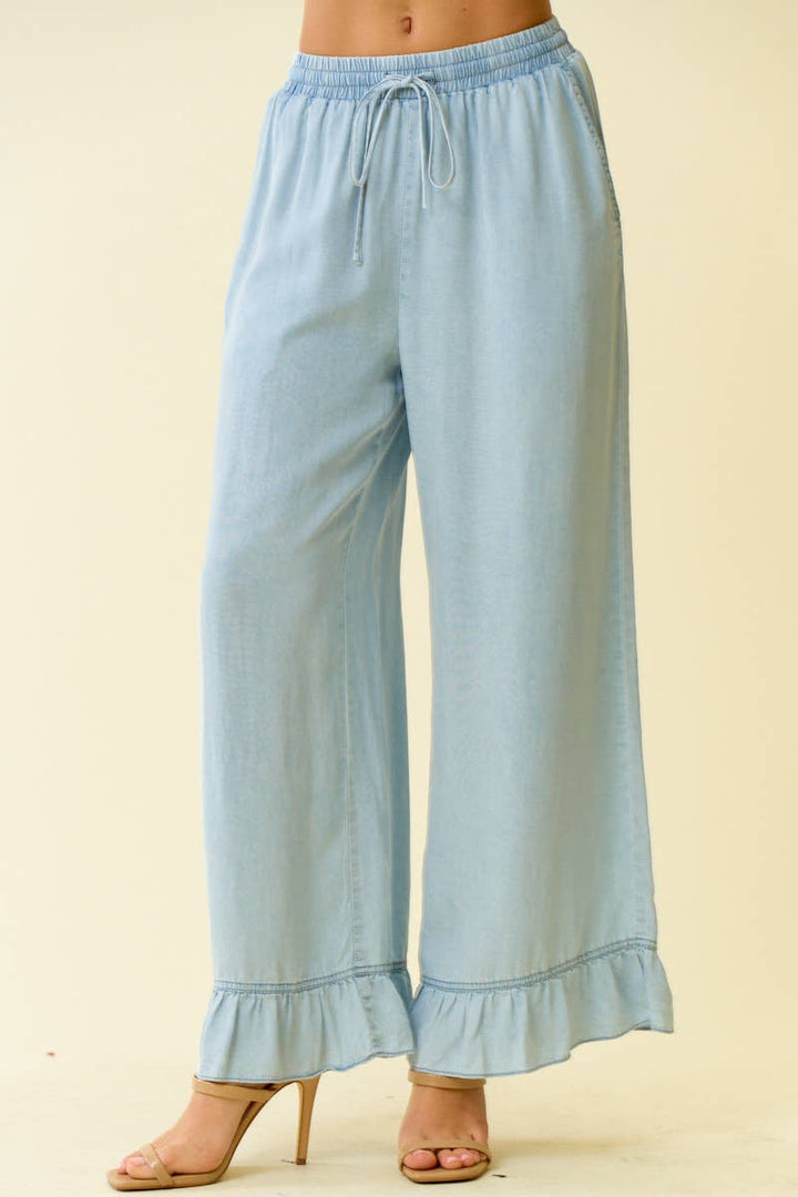 Doe and Rae Denim Ruffle Bottom Wide Leg Pants LT. Denim