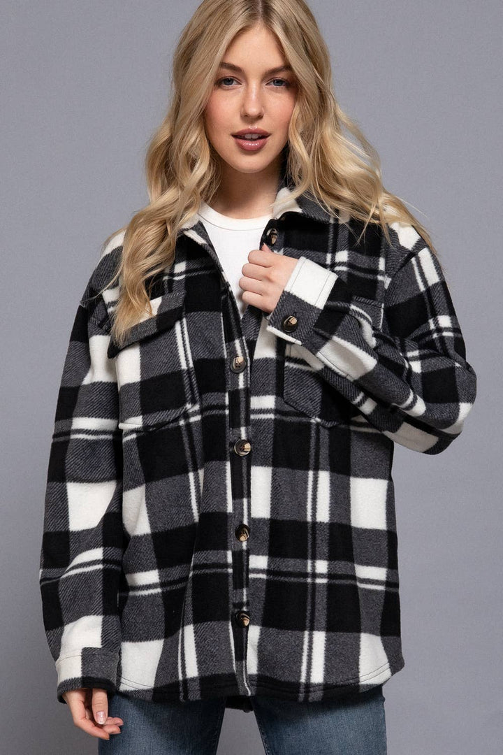 Long Sleeve Check Printed Fleece Shacket Black