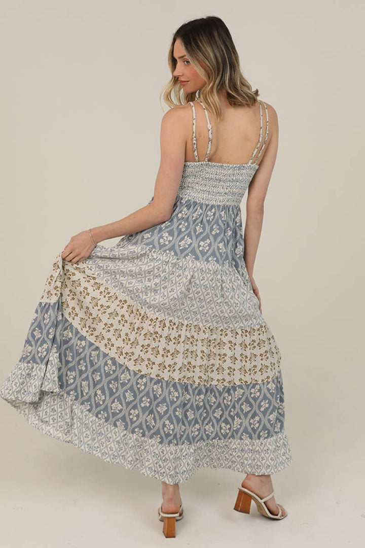Angie V-Neck Mix Print Lace Trim Maxi Dress in Vintage Blue back