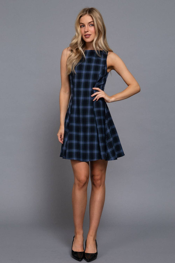 Active USA - Sleeveless Boat Neck Swing Plaid Woven Mini Dress in Navy 3