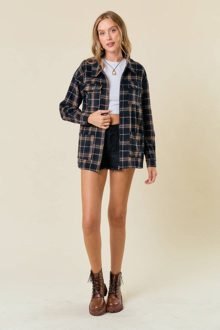 Brushed Plaid Oversized Zip Up Jacket4