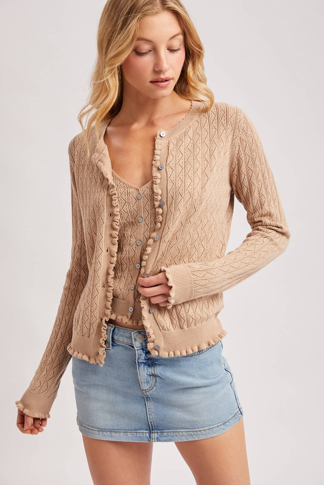 Bluivy Pointelle Knit Ruffled Hem Cami - Natural