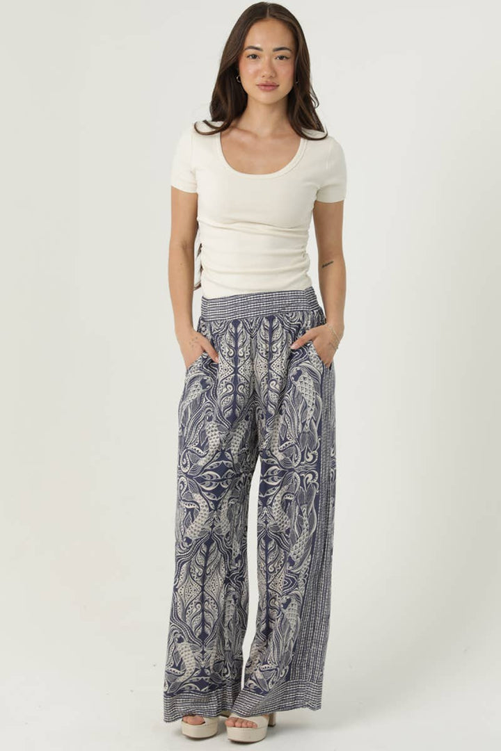 Angie Fish Print Wide Leg Pants in Navy